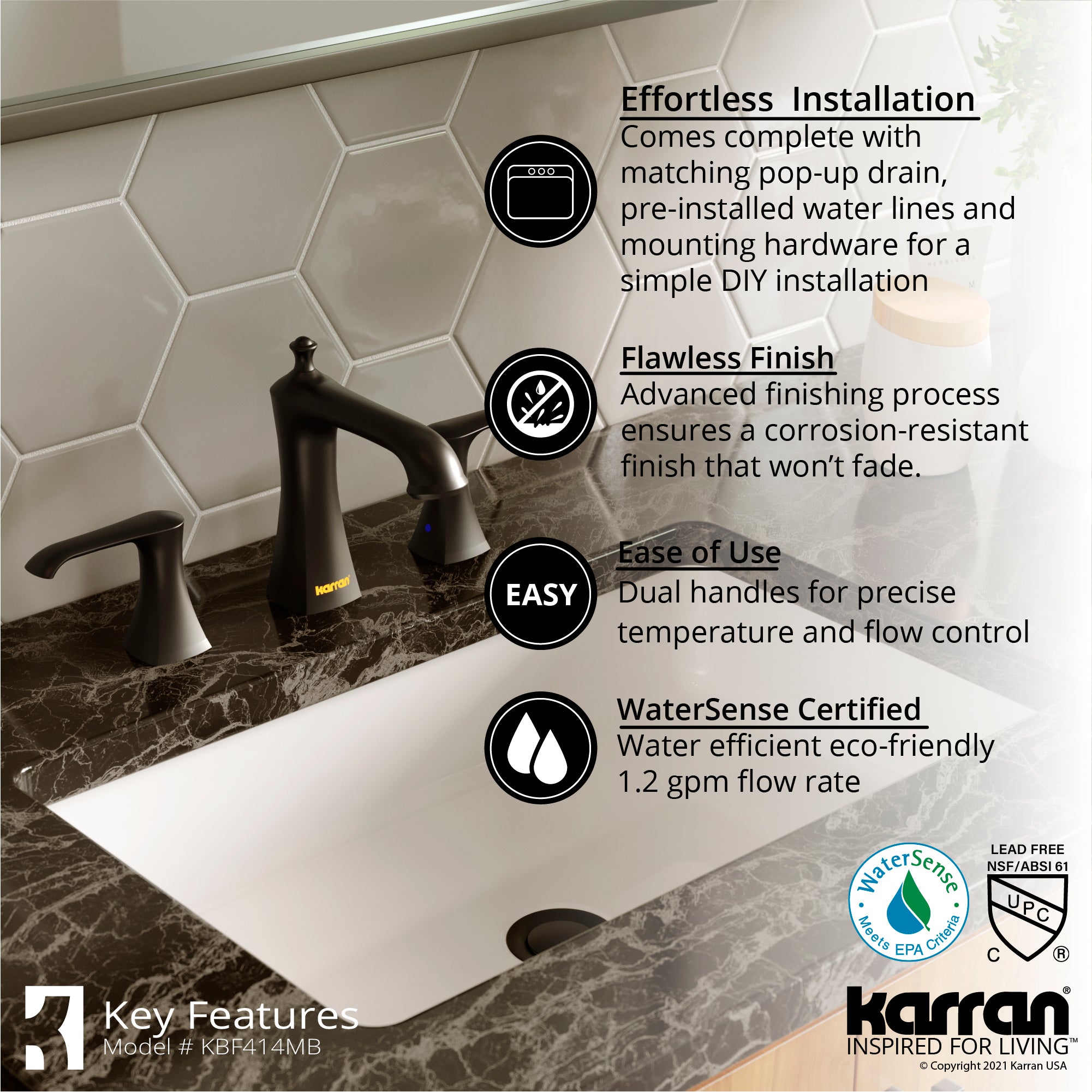 Alternate Image for Karran Woodburn 1.2 GPM Double Lever Handle Lead-free Brass ADA Bathroom Faucet, Widespread, Matte Black, KBF414MB