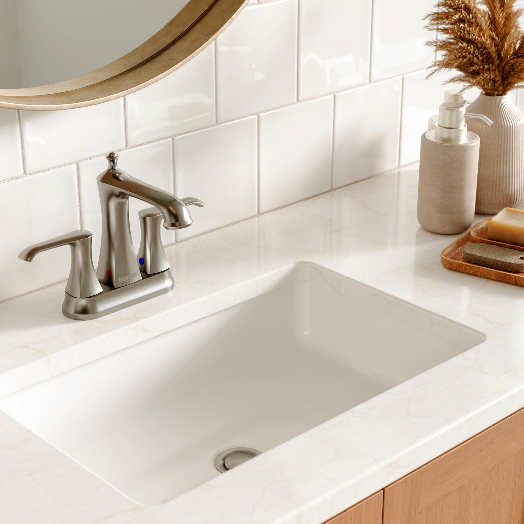 Alternate Image for Karran Woodburn 1.2 GPM Double Lever Handle Lead-free Brass ADA Bathroom Faucet, Centerset, Stainless Steel, KBF416SS