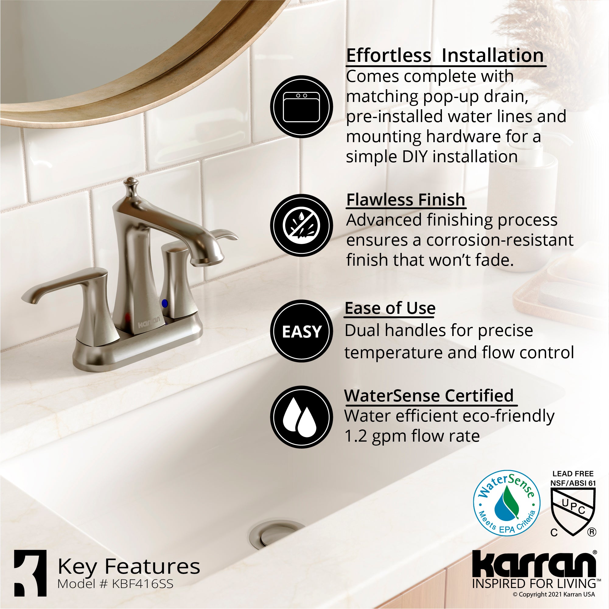 Alternate Image for Karran Woodburn 1.2 GPM Double Lever Handle Lead-free Brass ADA Bathroom Faucet, Centerset, Stainless Steel, KBF416SS