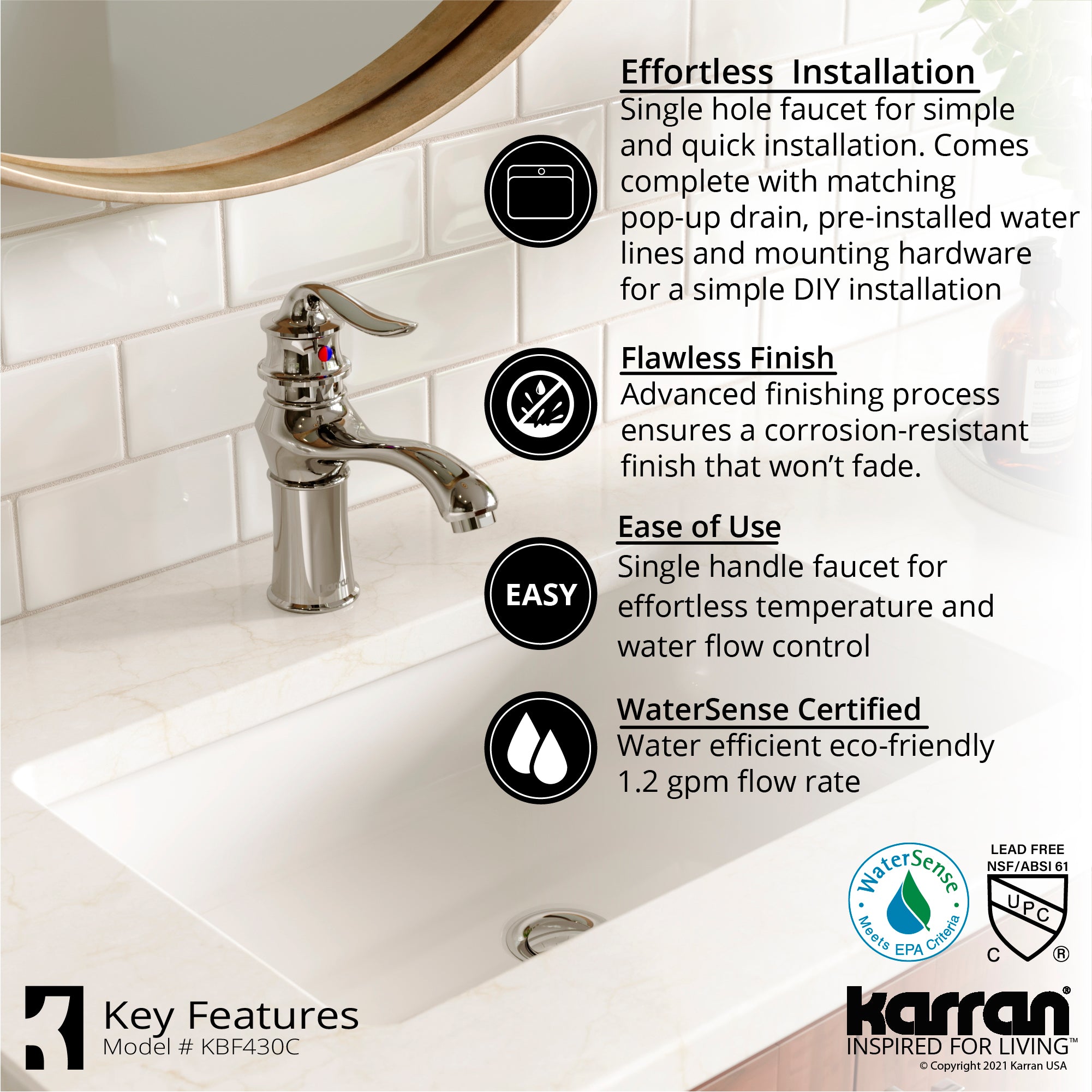 Alternate Image for Karran Dartford 1.2 GPM Single Lever Handle Lead-free Brass ADA Bathroom Faucet, Basin, Chrome, KBF430C