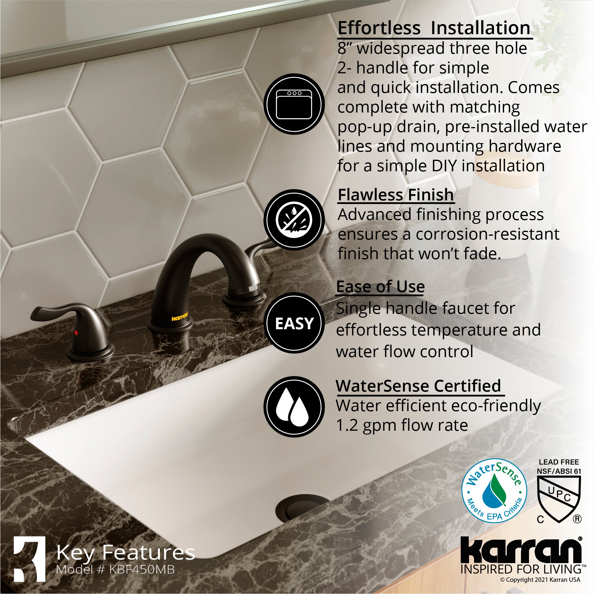 Alternate Image for Karran Fulham 1.2 GPM Double Lever Handle Lead-free Brass ADA Bathroom Faucet, Widespread, Matte Black, KBF450MB