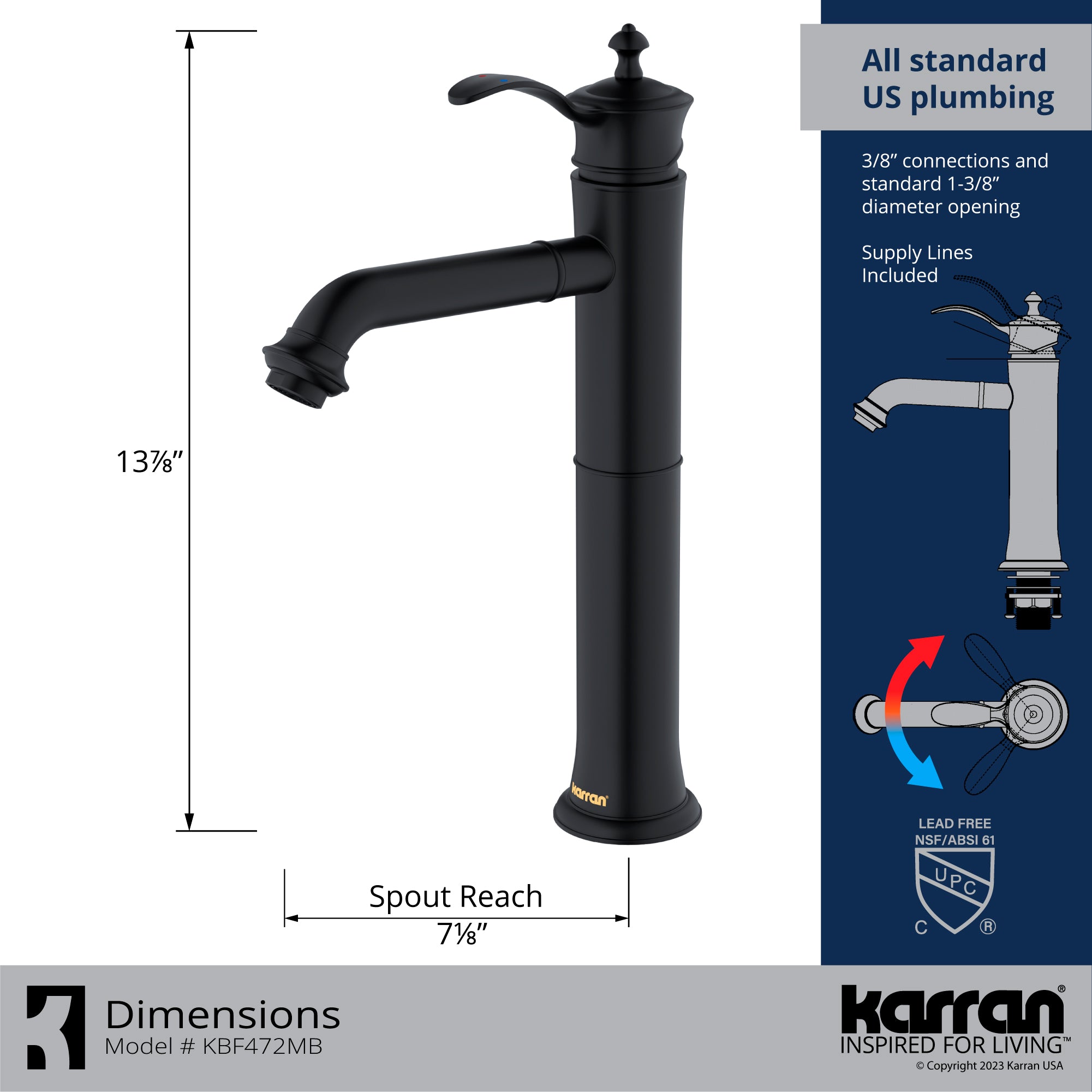 Alternate Image for Karran Vineyard 1.2 GPM Single Lever Handle Lead-free Brass ADA Bathroom Faucet, Vessel, Matte Black, KBF472MB