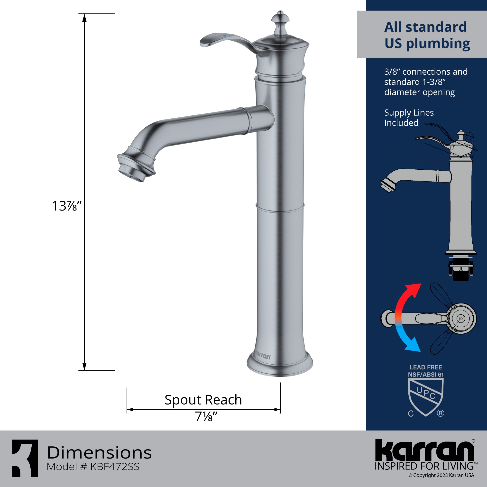Alternate Image for Karran Vineyard 1.2 GPM Single Lever Handle Lead-free Brass ADA Bathroom Faucet, Vessel, Stainless Steel, KBF472SS