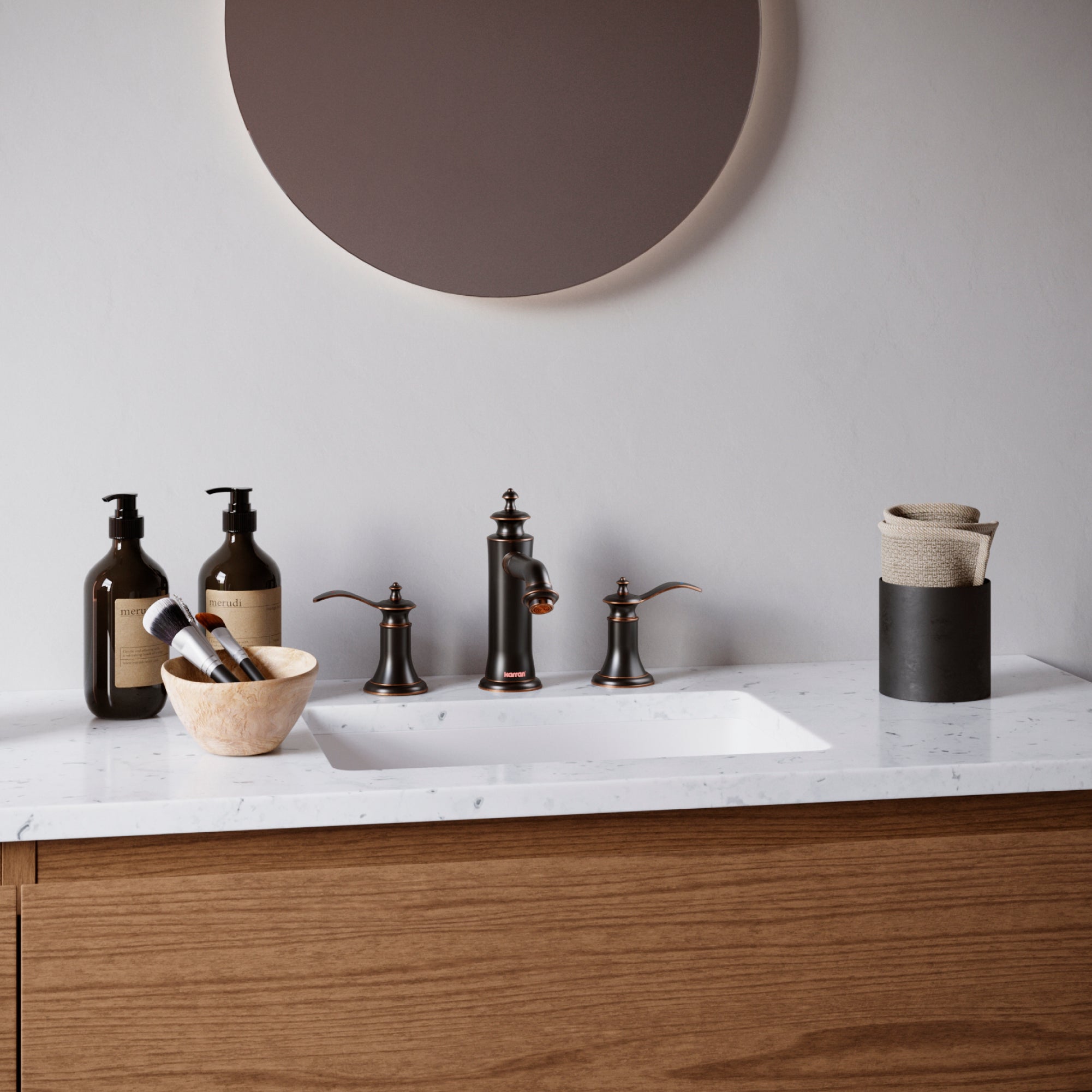 Alternate Image for Karran Vineyard 1.2 GPM Double Lever Handle Lead-free Brass ADA Bathroom Faucet, Widespread, Oil Rubbed Bronze, KBF474ORB