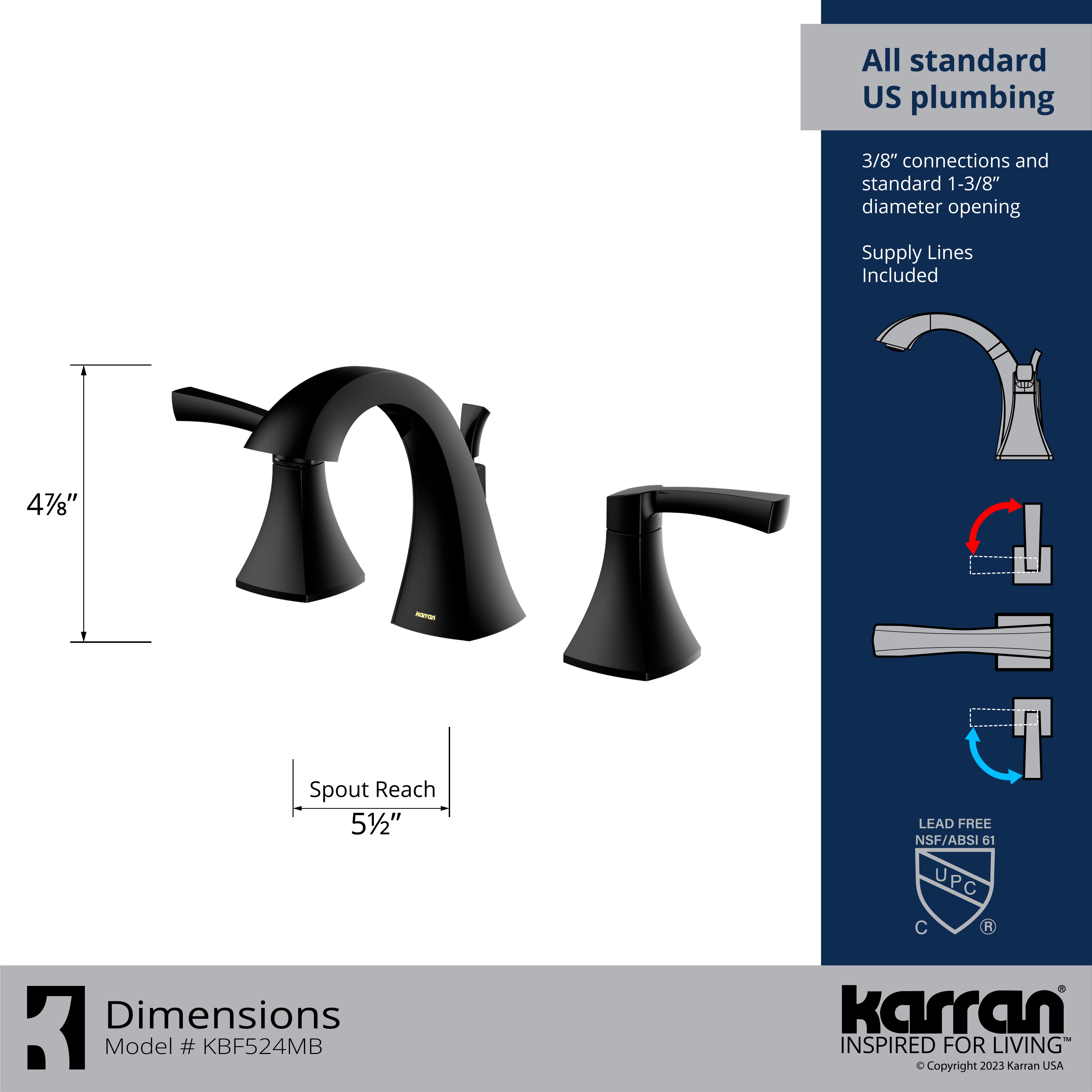 Alternate Image for Karran Randburg 1.2 GPM Double Lever Handle Lead-free Brass ADA Bathroom Faucet, Widespread, Matte Black, KBF524MB