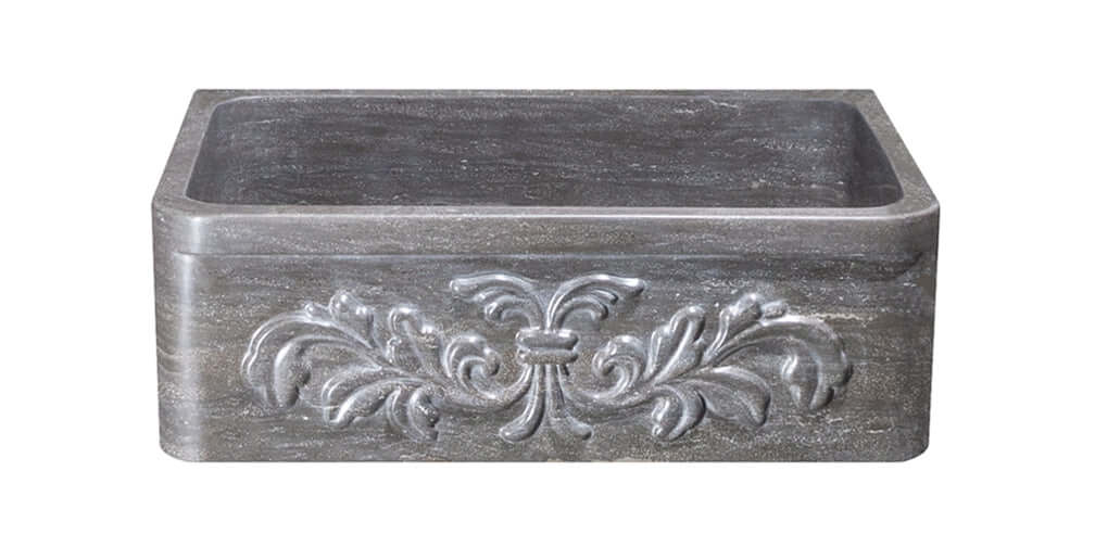 30" Smoke Brown Limestone Farmhouse Kitchen Sink, Floral Carving Front, Single Bowl, KF302010SB-F2-BLN