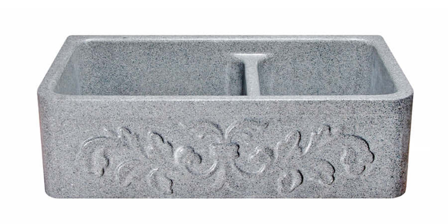 Alternate Image for 33" Stone 60/40 Double Bowl Farmhouse Kitchen Sink, Design Apron Front, Mercury Granite, Gray, KF332010DB-F2-6040-M