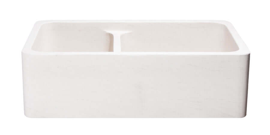 Alternate Image for 33" Stone 60/40 Double Bowl Farmhouse Kitchen Sink, Smooth Reversible Apron Front, Crema Lyon Limestone, Beige, KF332010DB-NLP-6040-CL