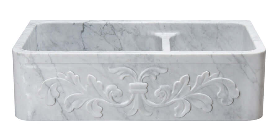 Carrara Marble 36" Stone 60/40 Double Bowl Farmhouse Sink, White, KF362010DB-F2-6040-CW