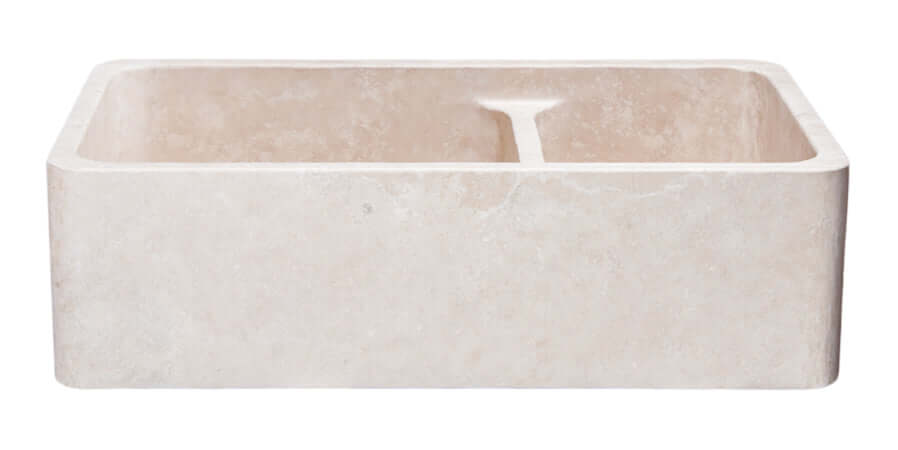 Roma Travertine 36" Stone 60/40 Double Bowl Farmhouse Sink, Beige, KF362010DB-NLP-6040-RT