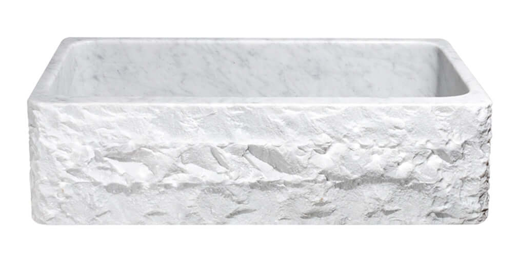 36" Carrara White Marble Farmhouse Kitchen Sink, Chiseled Front, Single Bowl, KF362010SB-BE-CW