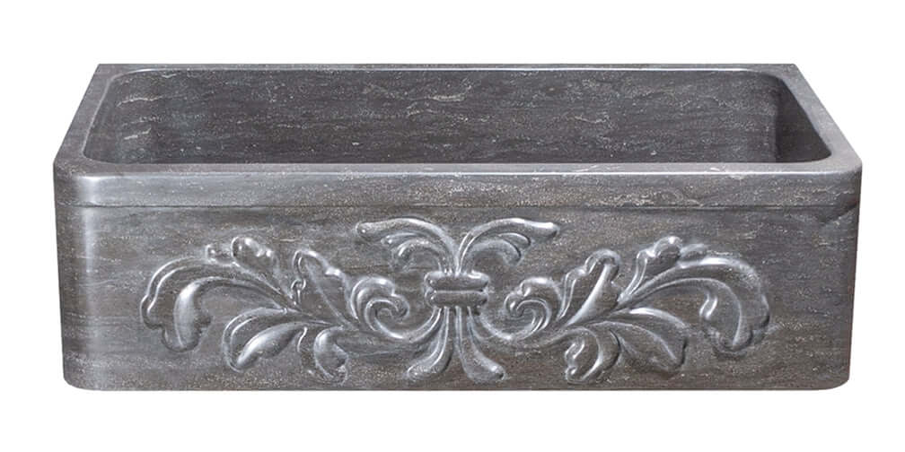 36" Smoke Brown Limestone Farmhouse Kitchen Sink, Floral Carving Front, Single Bowl, KF362010SB-F2-BLN