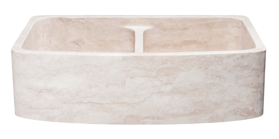 Alternate Image for 36" Stone 50/50 Double Bowl Farmhouse Kitchen Sink, Curved Reversible Apron Front, Roma Travertine, Beige, KFCF362210DB-NLP-5050-RT