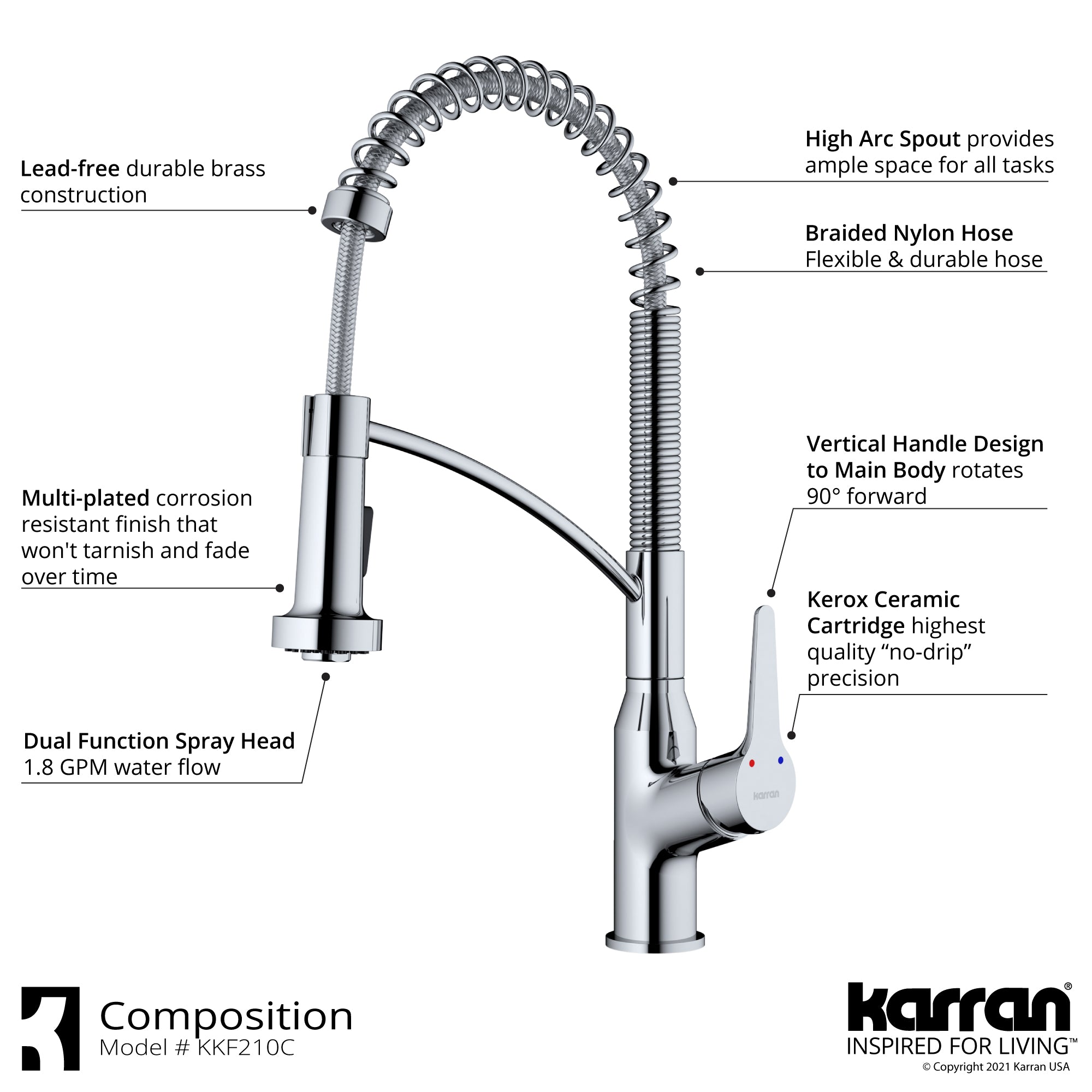 Alternate Image for Karran Scottsdale 1.8 GPM Single Lever Handle Lead-free Brass ADA Kitchen Faucet, Pull-Down Kitchen, Chrome, KKF210SD35C