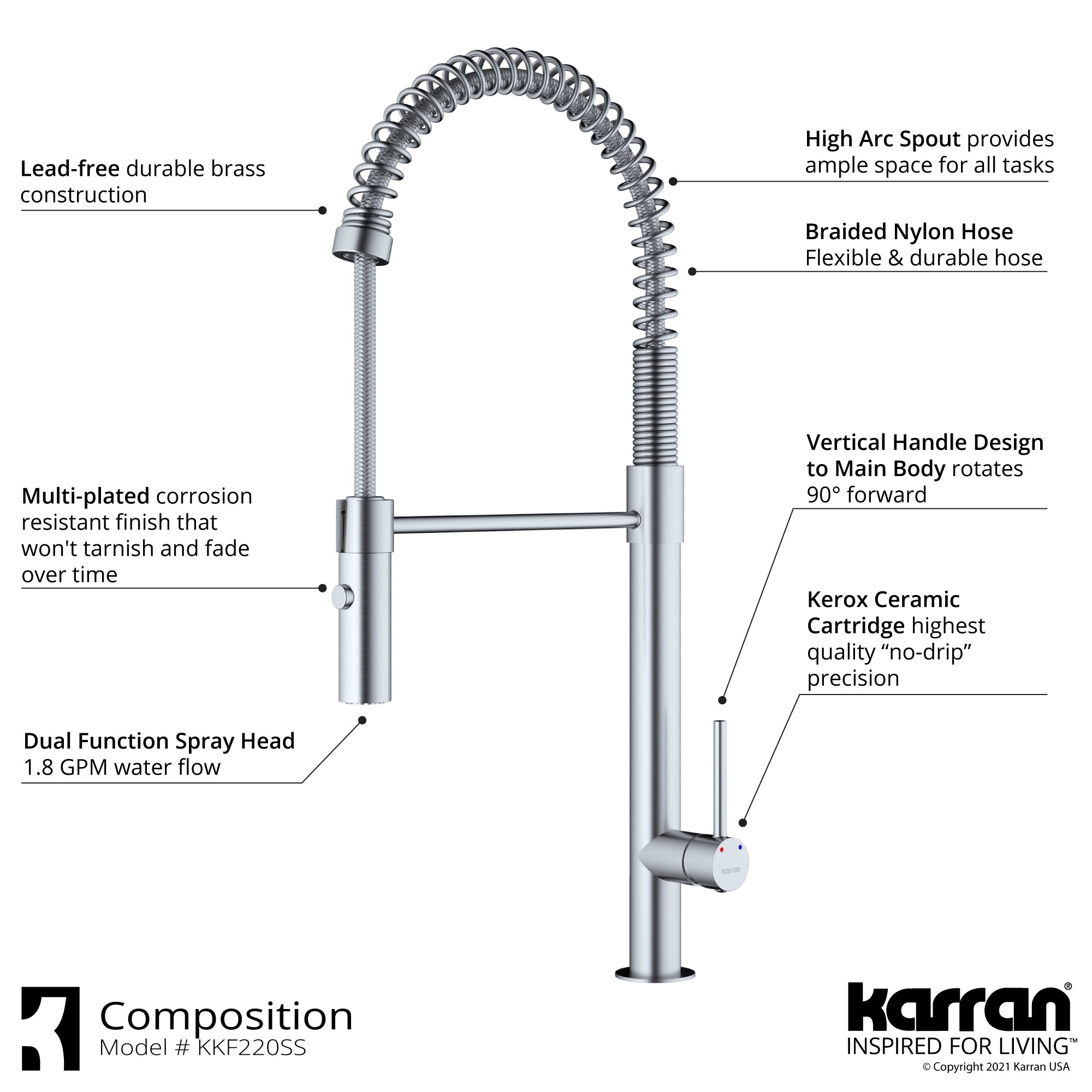 Alternate Image for Karran Bluffton 1.8 GPM Single Lever Handle Lead-free Brass ADA Kitchen Faucet, Pull-Down Kitchen, Stainless Steel, KKF220SD35SS