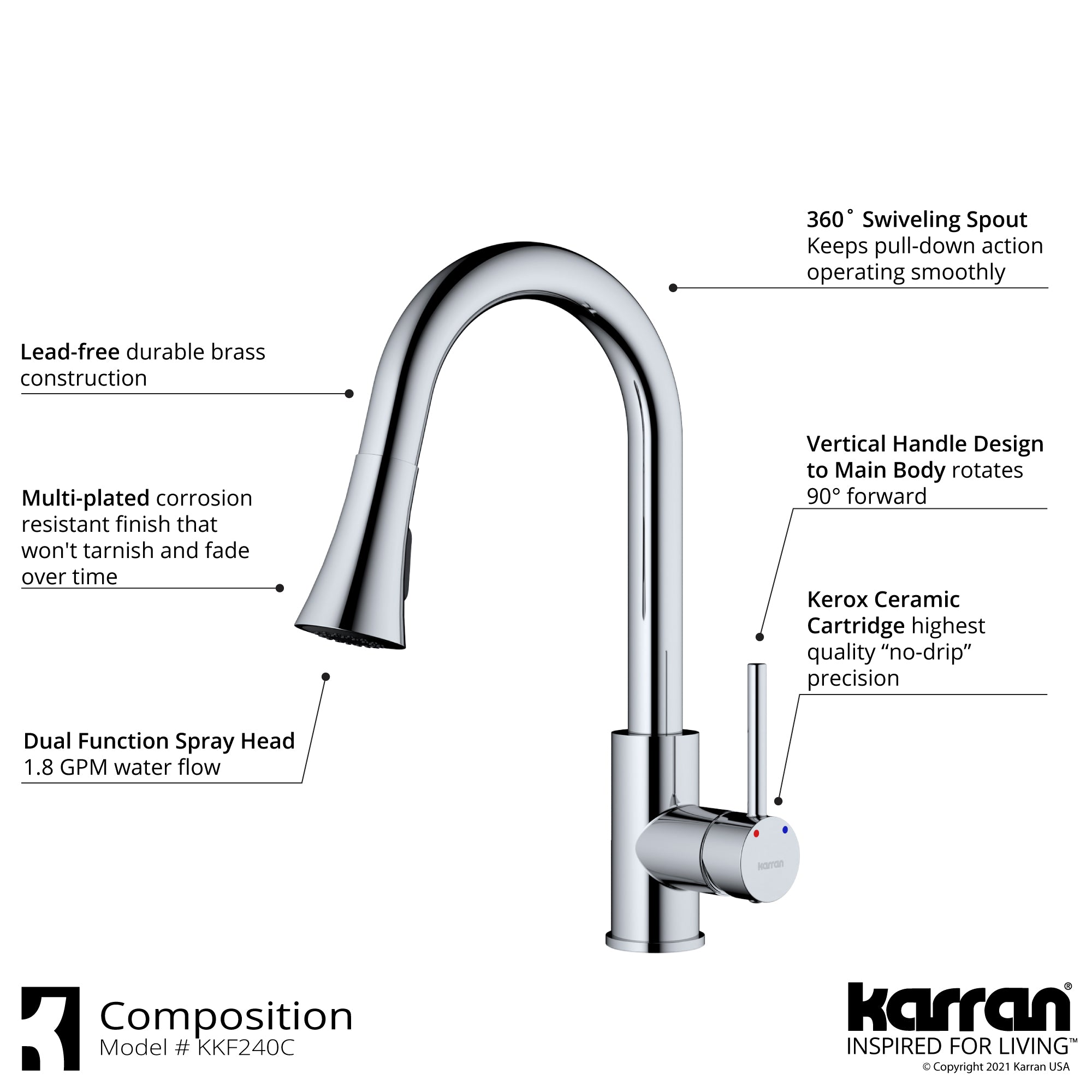 Alternate Image for Karran Weybridge 1.8 GPM Single Lever Handle Lead-free Brass ADA Kitchen Faucet, Pull-Down Kitchen, Chrome, KKF240SD25C