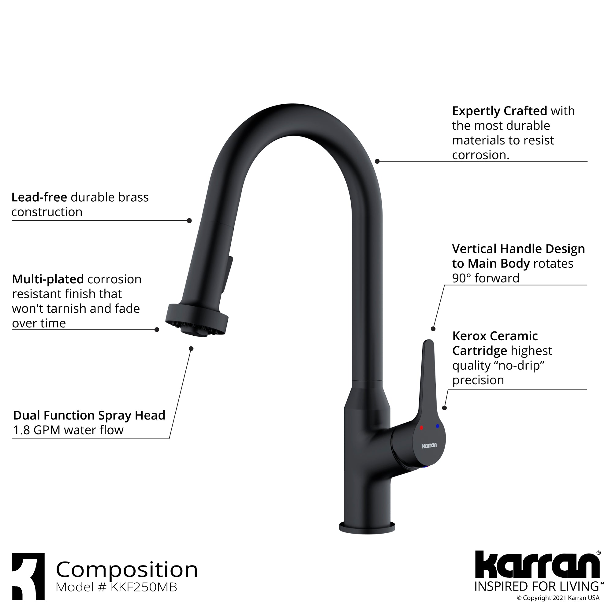Alternate Image for Karran Dockton 1.8 GPM Single Lever Handle Lead-free Brass ADA Kitchen Faucet, Pull-Down Kitchen, Matte Black, KKF250MB