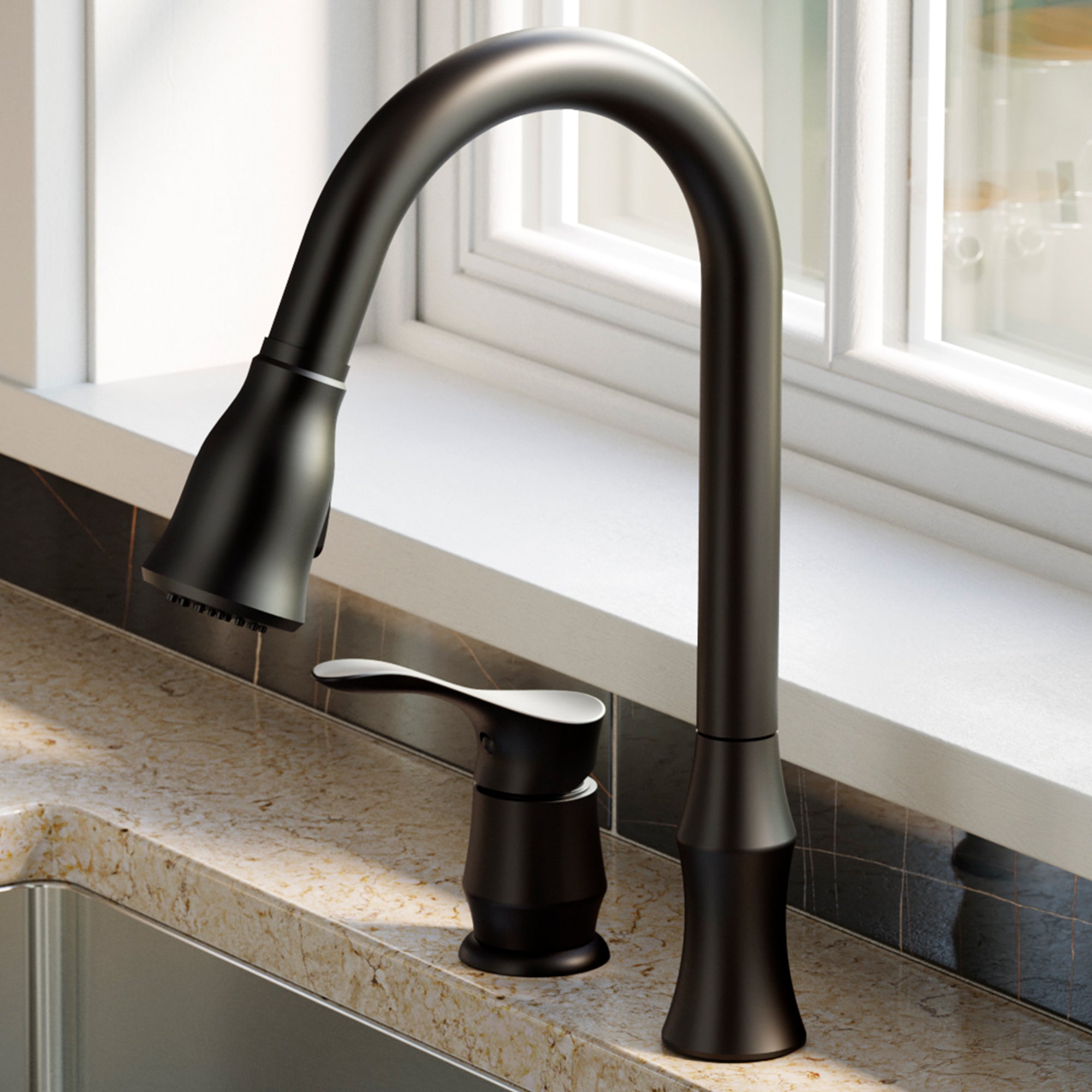 Karran Hillwood 1.8 GPM Single Lever Handle Lead-free Brass ADA Kitchen Faucet, Pull-Down Kitchen, Matte Black, KKF260MB