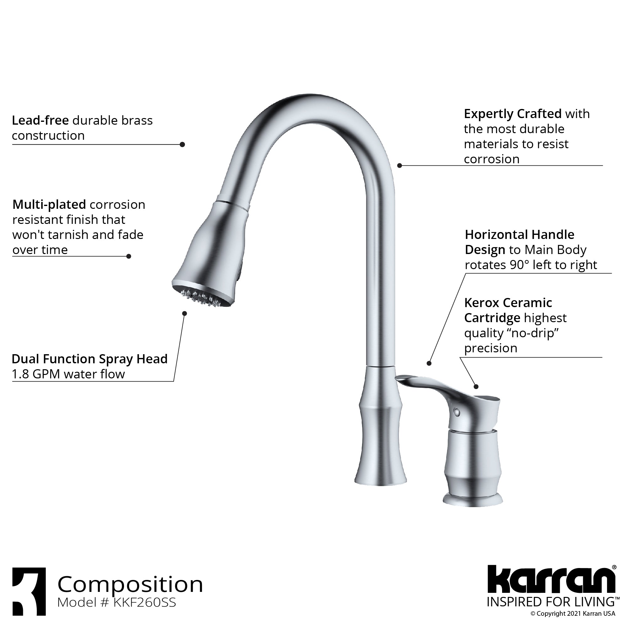 Alternate Image for Karran Hillwood 1.8 GPM Single Lever Handle Lead-free Brass ADA Kitchen Faucet, Pull-Down Kitchen, Stainless Steel, KKF260SD25SS
