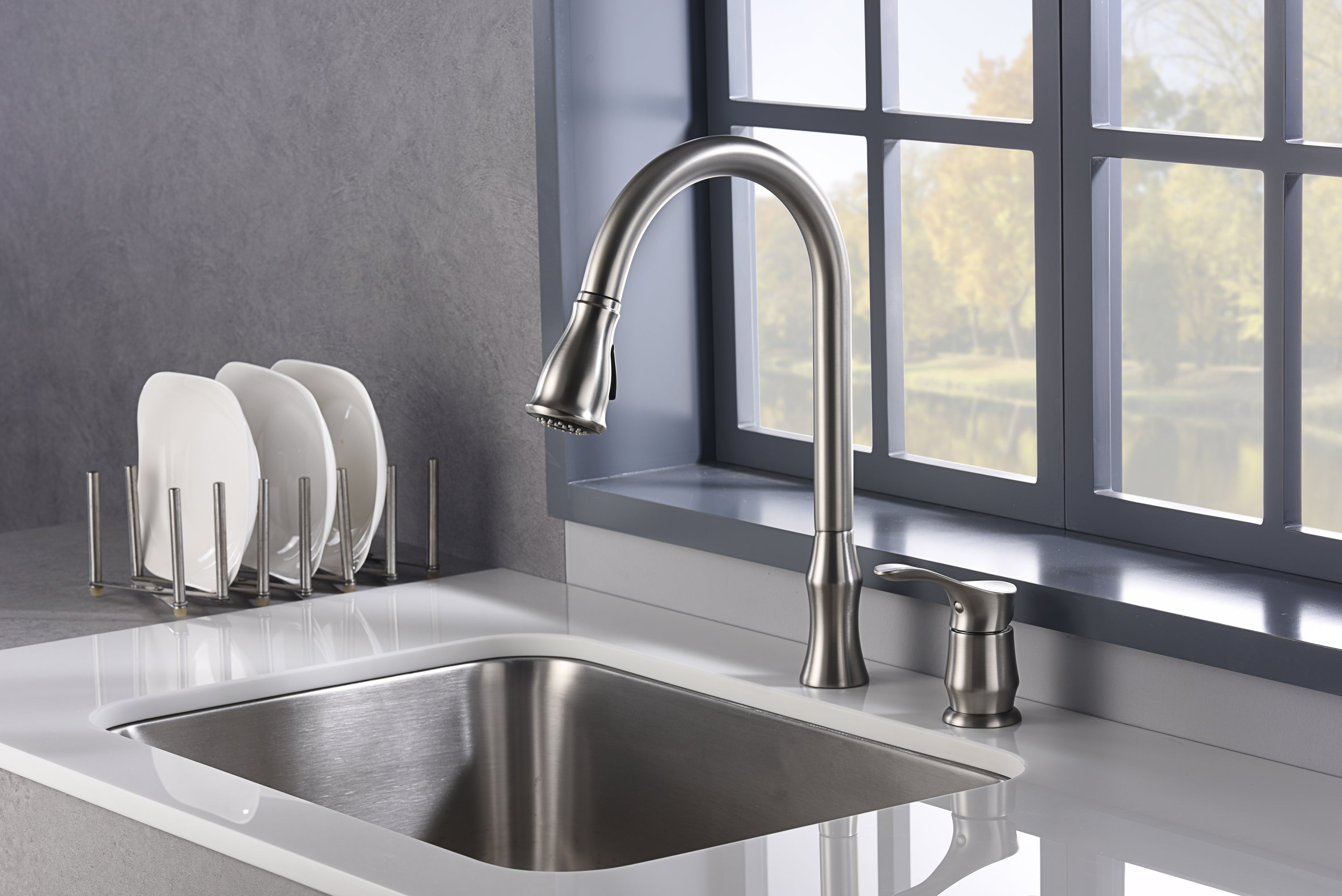 Karran Hillwood Single Lever Handle Lead-free Brass ADA Kitchen Faucet, Pull Down, Stainless Steel, KKF260SS