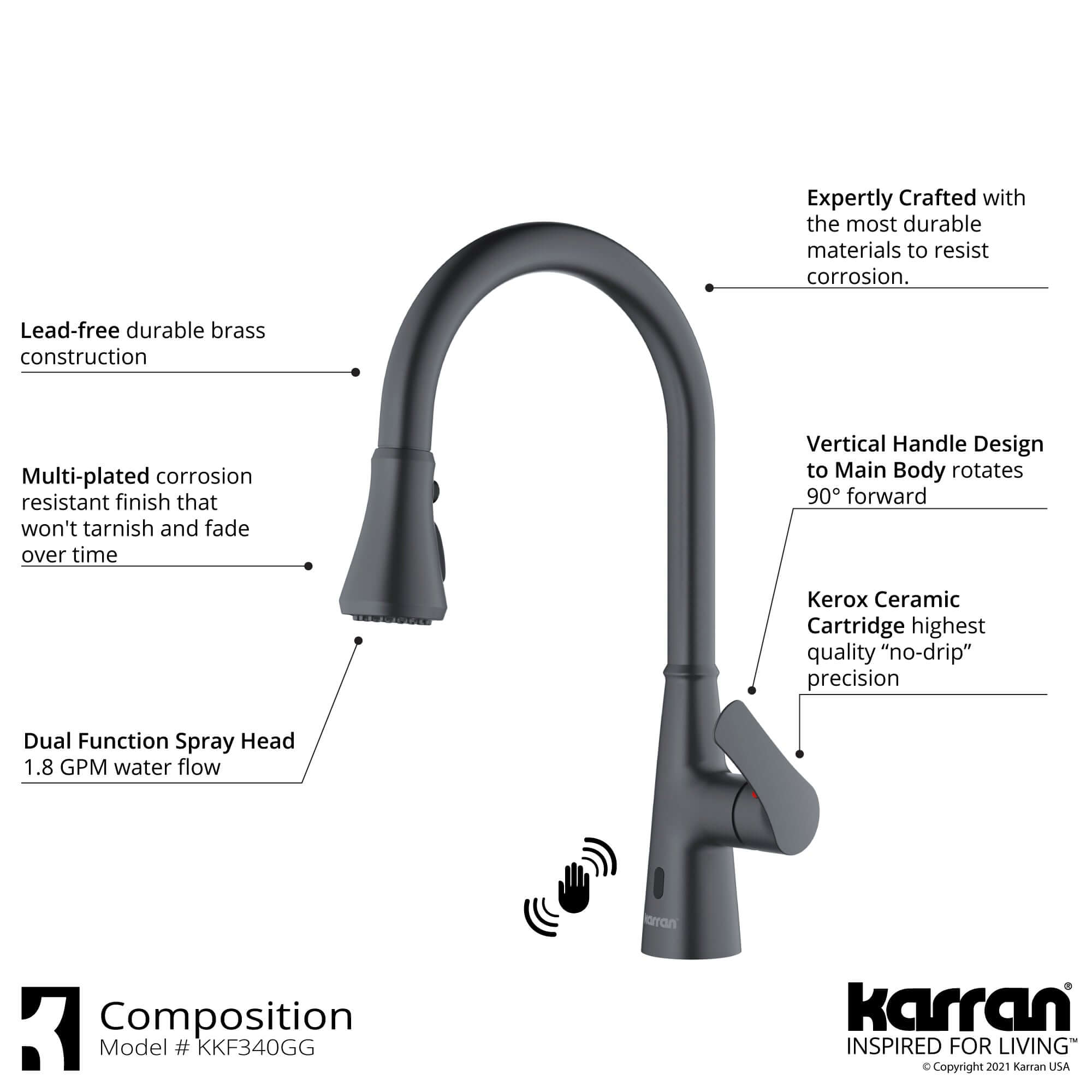 Alternate Image for Karran Kadoma 1.8 GPM Single Lever Handle Touchless ADA Kitchen Faucet, Pull-Down Kitchen, Gunmetal Grey, KKF340GG