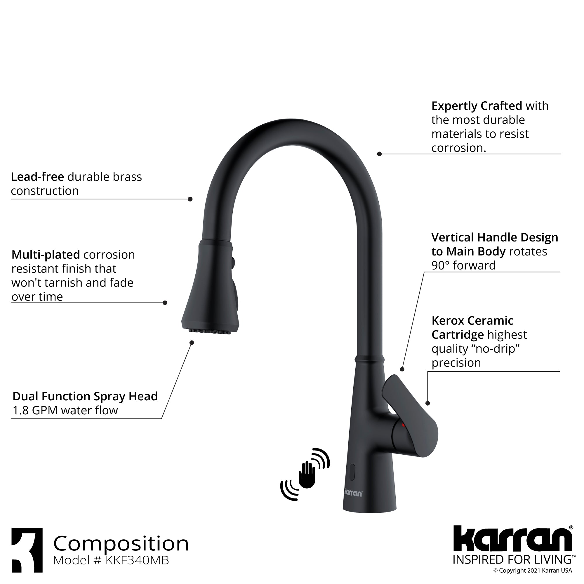 Alternate Image for Karran Kadoma 1.8 GPM Single Lever Handle Touchless ADA Kitchen Faucet, Pull-Down Kitchen, Matte Black, KKF340MB