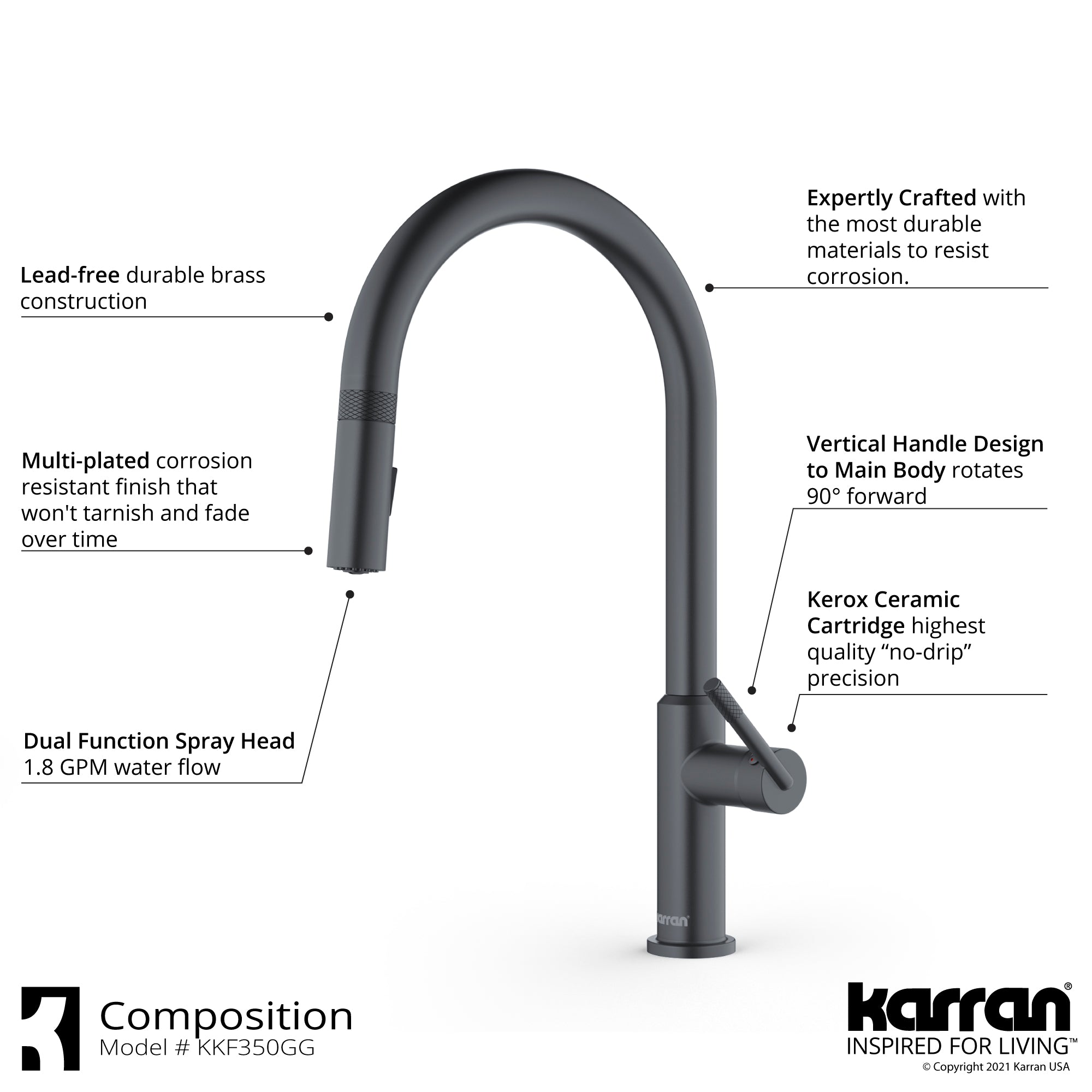 Alternate Image for Karran Lagrange 1.8 GPM Single Lever Handle Lead-free Brass ADA Kitchen Faucet, Pull-Down Kitchen, Gunmetal Grey, KKF350GG