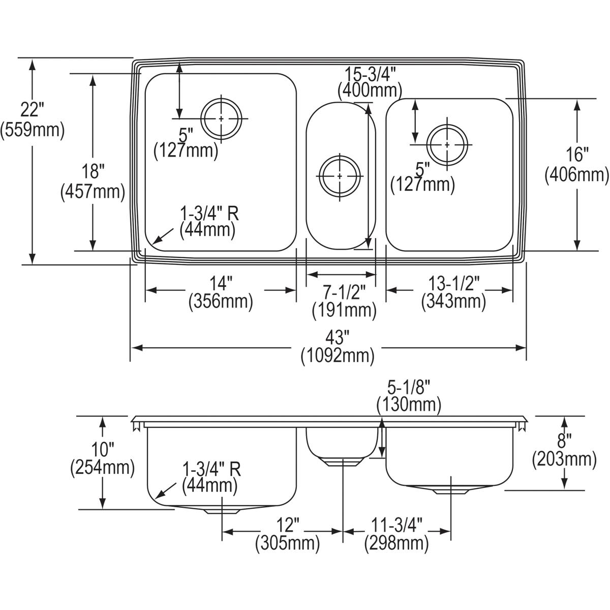 Alternate Image for Elkay Lustertone Classic 43" Stainless Steel Kitchen Sink, 40/20/40 Triple Bowl, 18 Gauge, Lustrous Satin, 2 Faucet Hole, LGR43222