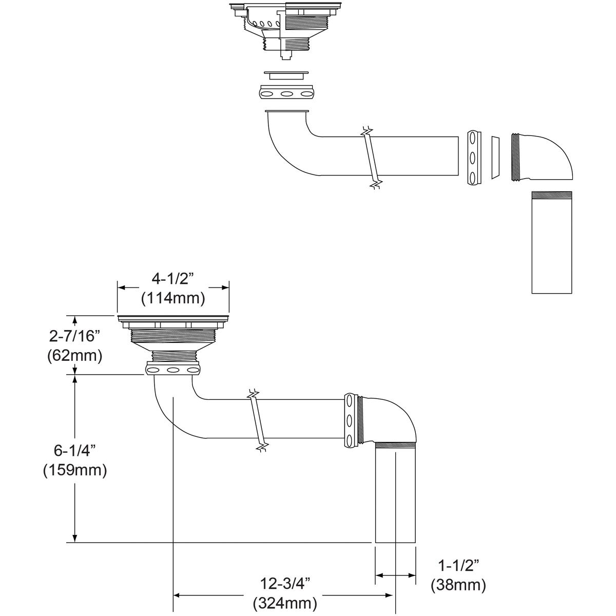 Alternate Image for Elkay LKAD35 3-1/2" Drain Fitting Stainless Steel Body, Strainer Basket and Offset Tailpiece