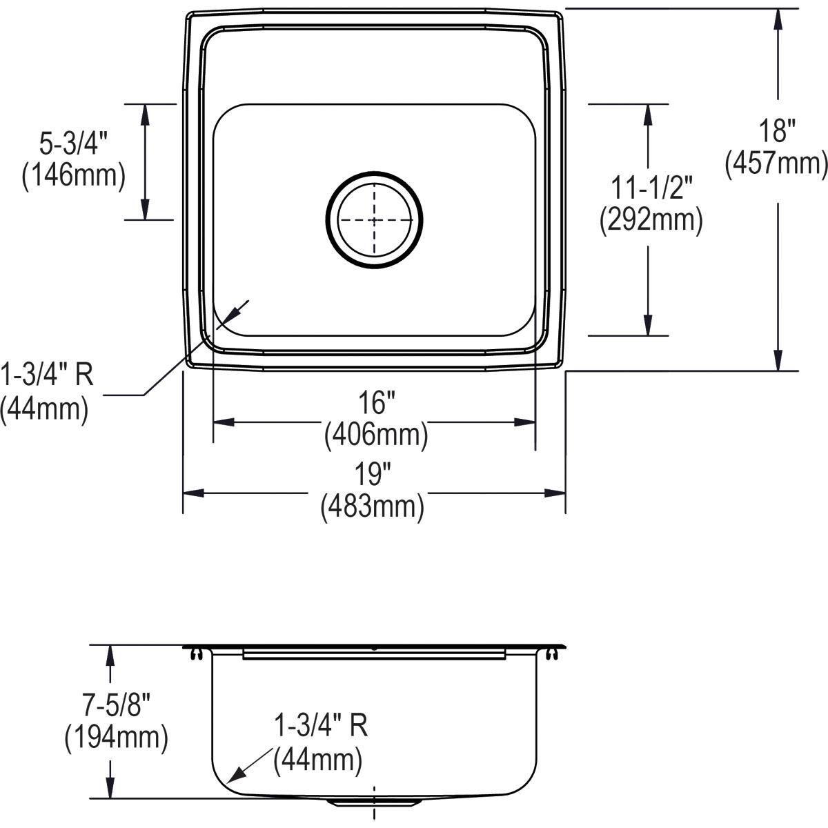 Alternate Image for Elkay Lustertone Classic 19" Stainless Steel Kitchen Sink, Single Bowl, 18 Gauge, Lustrous Satin, 2 Faucet Hole, LR19182