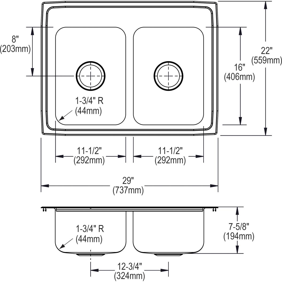 Alternate Image for Elkay Lustertone Classic 29" Stainless Steel Kitchen Sink, 50/50 Double Bowl, 18 Gauge, Lustrous Satin, 3 Faucet Hole, LR29223