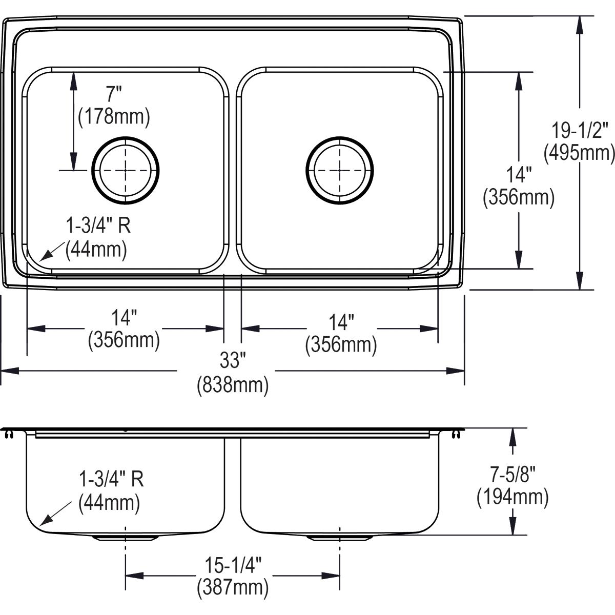 Alternate Image for Elkay Lustertone Classic 33" Stainless Steel Kitchen Sink, 50/50 Double Bowl, 18 Gauge, Lustrous Satin, 4 Faucet Hole, LR33194