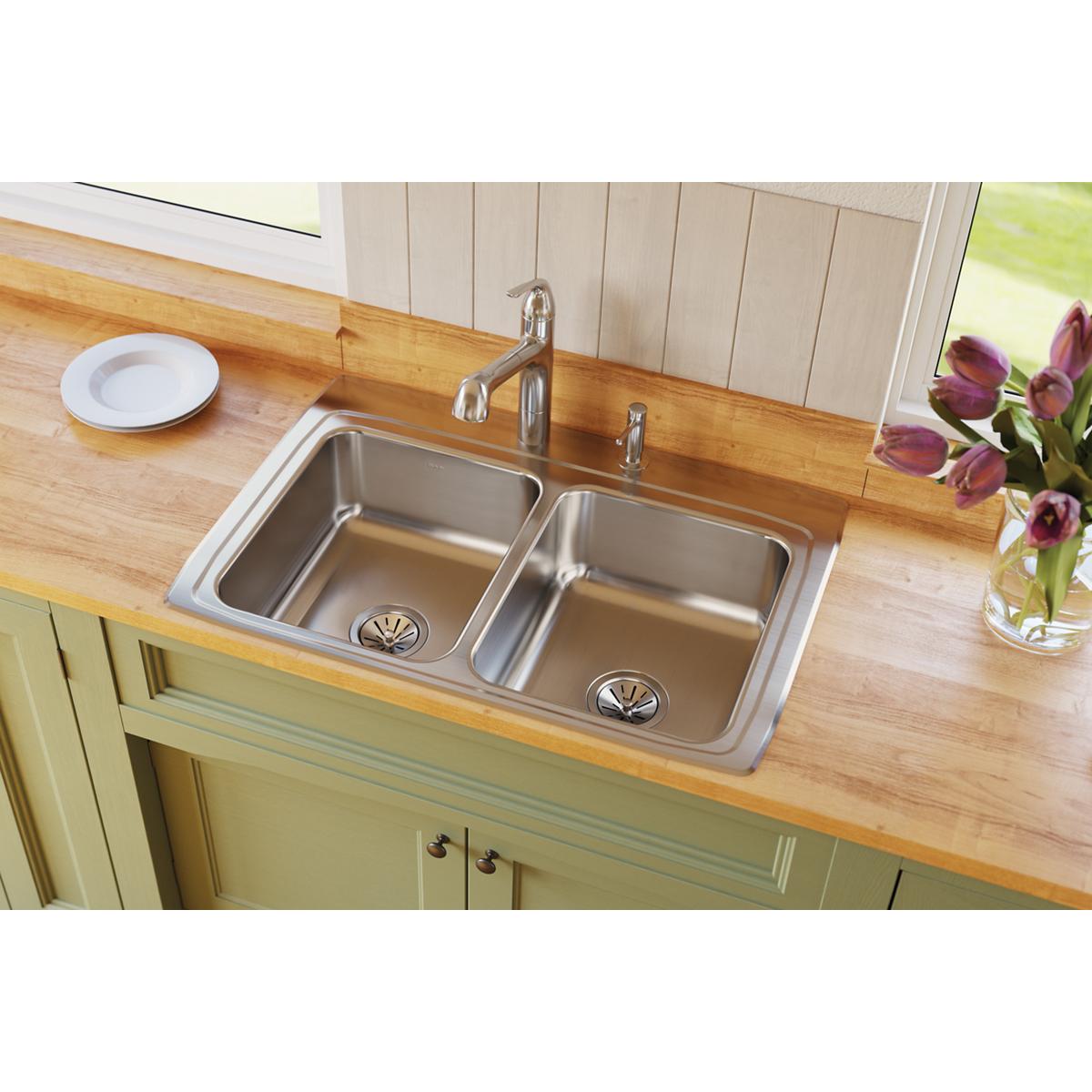 Elkay Lustertone Classic 33" Stainless Steel Kitchen Sink, 50/50 Double Bowl, Lustrous Satin, LR33221 - The Sink Boutique