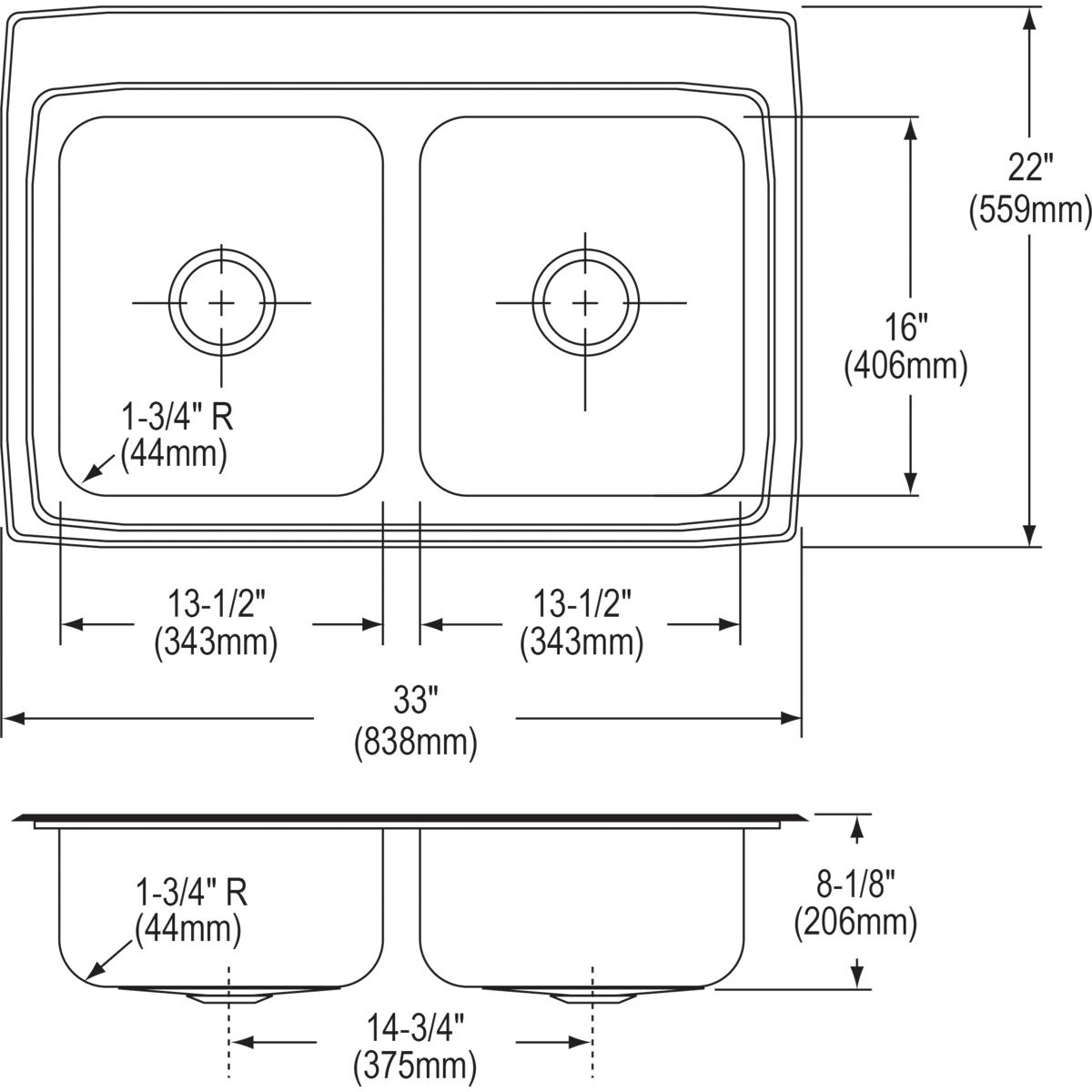 Alternate Image for Elkay Lustertone Classic 33" Stainless Steel Kitchen Sink, 50/50 Double Bowl, 18 Gauge, Lustrous Satin, 3 Faucet Hole, LR33223