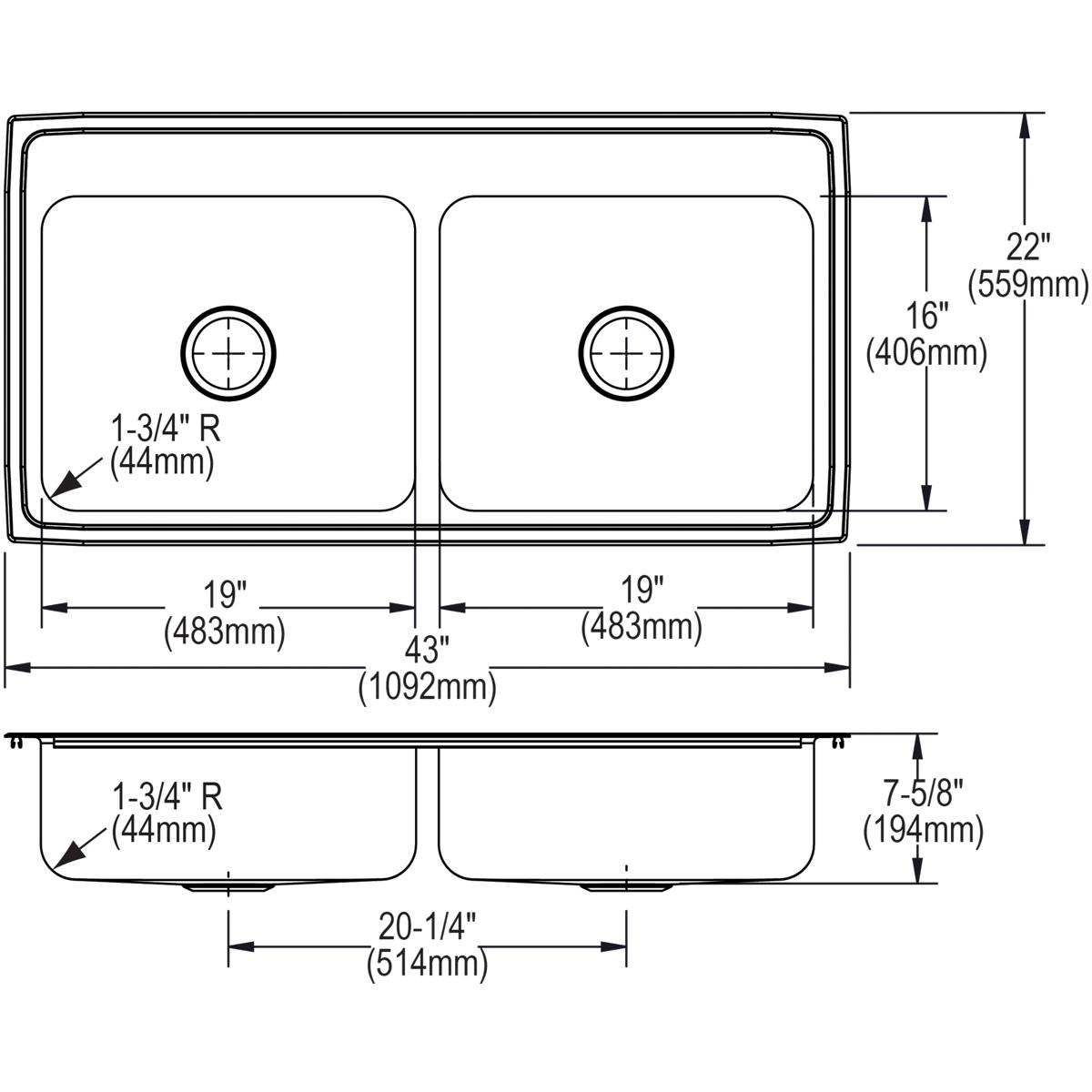 Alternate Image for Elkay Lustertone Classic 43" Stainless Steel Kitchen Sink, 50/50 Double Bowl, 18 Gauge, Lustrous Satin, 2 Faucet Hole, LR43222
