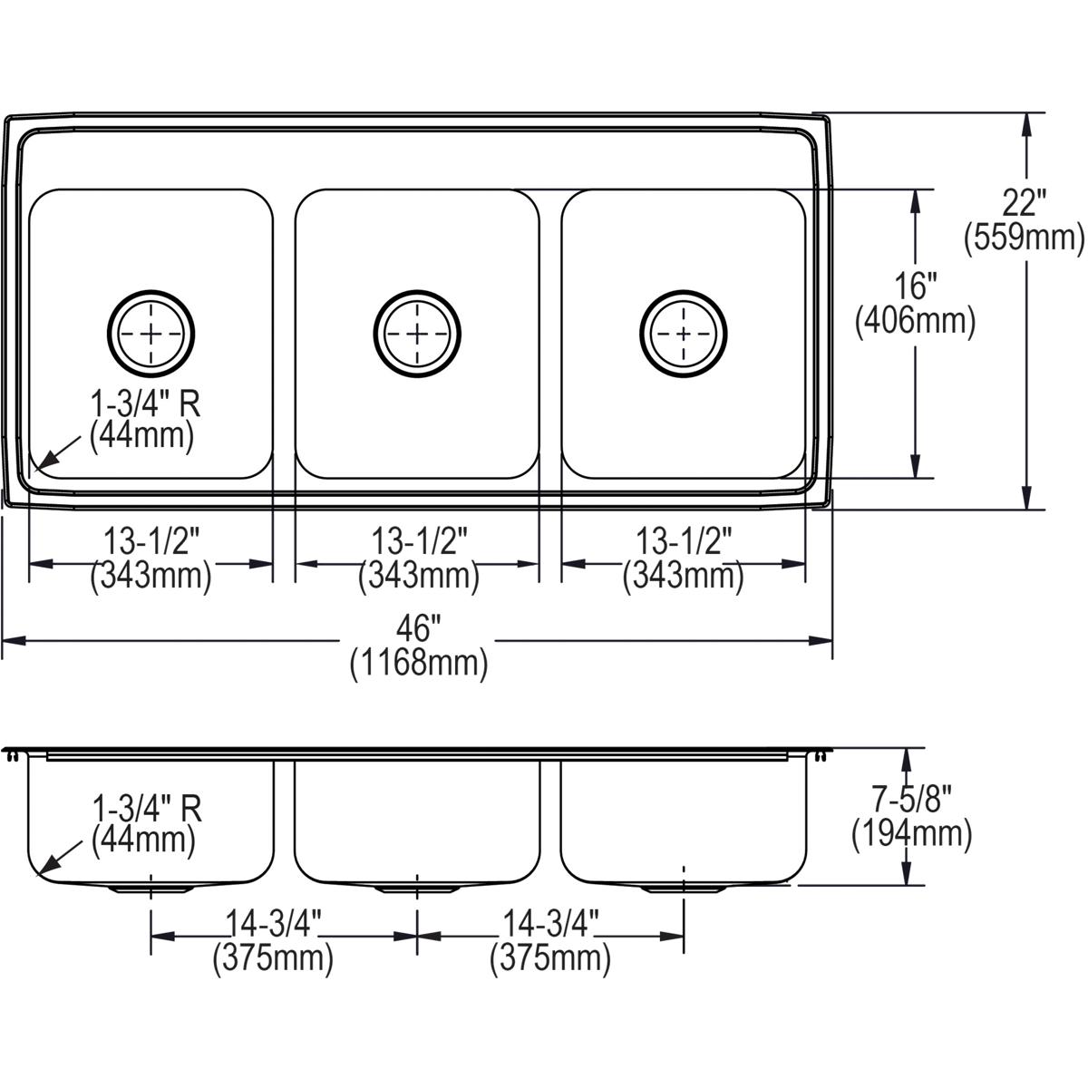 Alternate Image for Elkay Lustertone Classic 46" Stainless Steel Kitchen Sink, 33/33/33 Triple Bowl, 18 Gauge, 1 Faucet Hole, Lustrous Satin, LTR46221