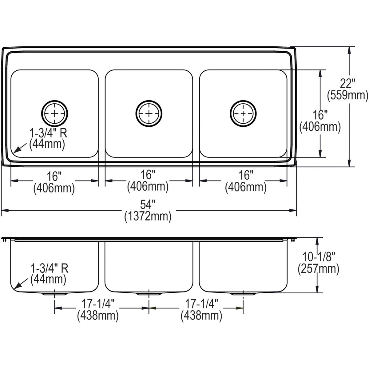 Alternate Image for Elkay Lustertone Classic 54" Stainless Steel Kitchen Sink, 33/33/33 Triple Bowl, 18 Gauge, Lustrous Satin, 1 Faucet Hole, LTR5422101