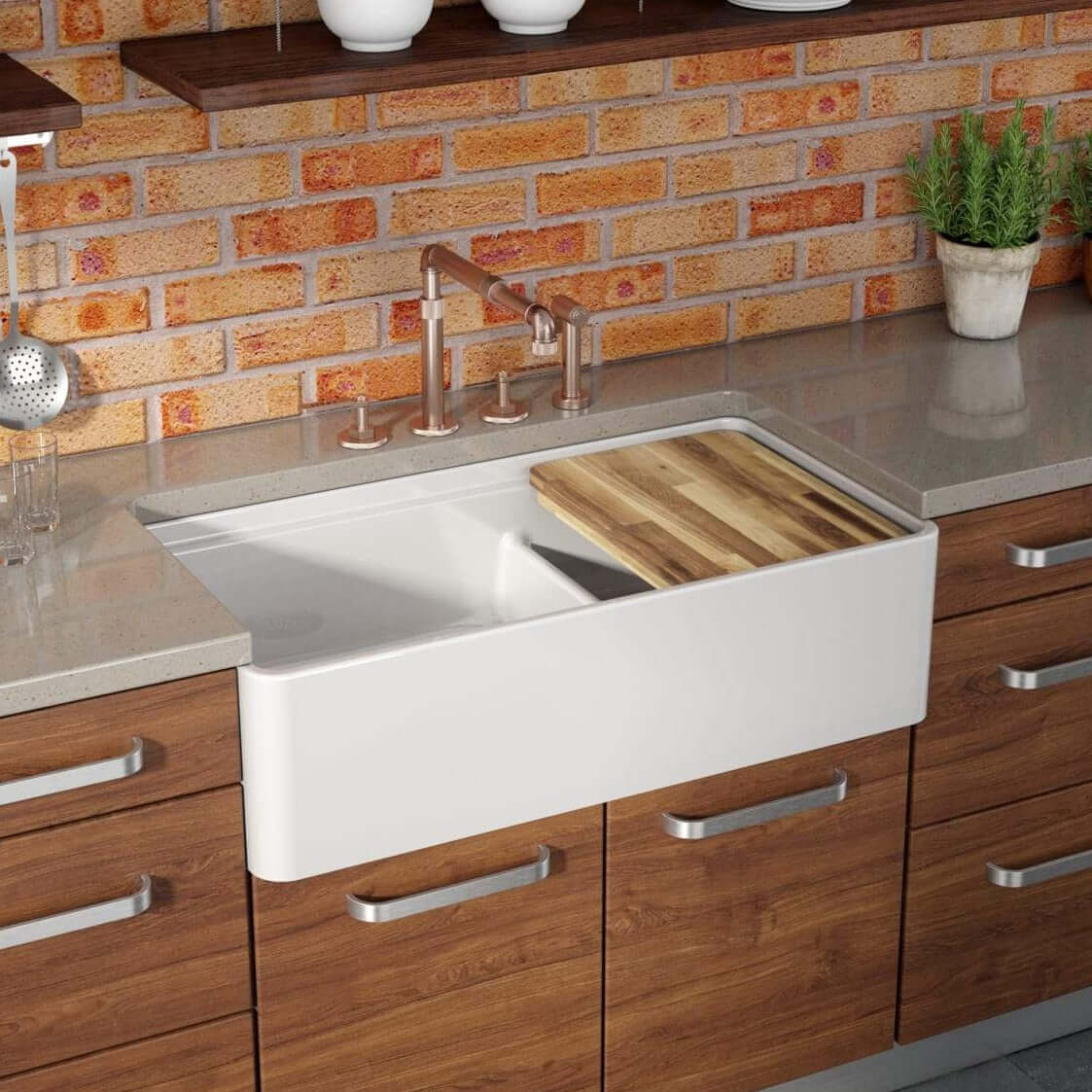 Alternate Image for Latoscana 36" Double Bowl Fireclay Farmhouse Sink with Accessory Ledge, White, LDL3619W