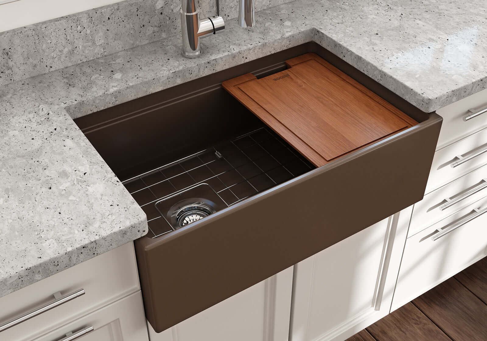 Alternate Image for BOCCHI Contempo 30" Fireclay Workstation Farmhouse Sink with Accessories, Matte Brown, 1344-025-0120