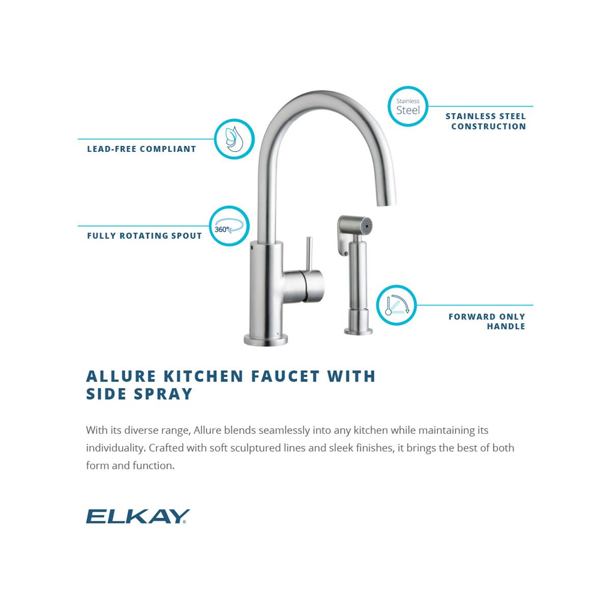 Alternate Image for Elkay LK7922SSS Allure Single Hole Kitchen Faucet with Lever Handle and Side Spray Satin Stainless Steel