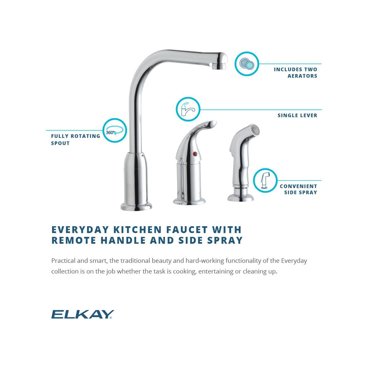 Elkay LK3001CR Everyday Kitchen Deck Mount Faucet with Remote Lever Handle and Side Spray Chrome - The Sink Boutique