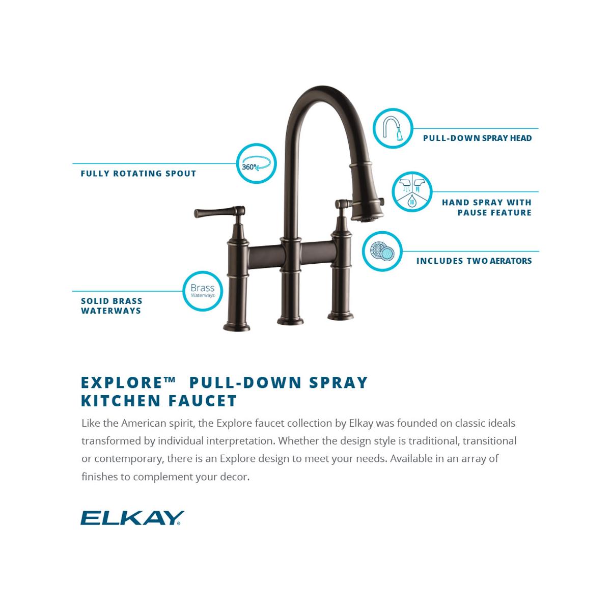 Elkay LKEC2037CR Explore Three Hole Bridge Faucet with Pull-down Spray and Lever Handles Chrome - The Sink Boutique