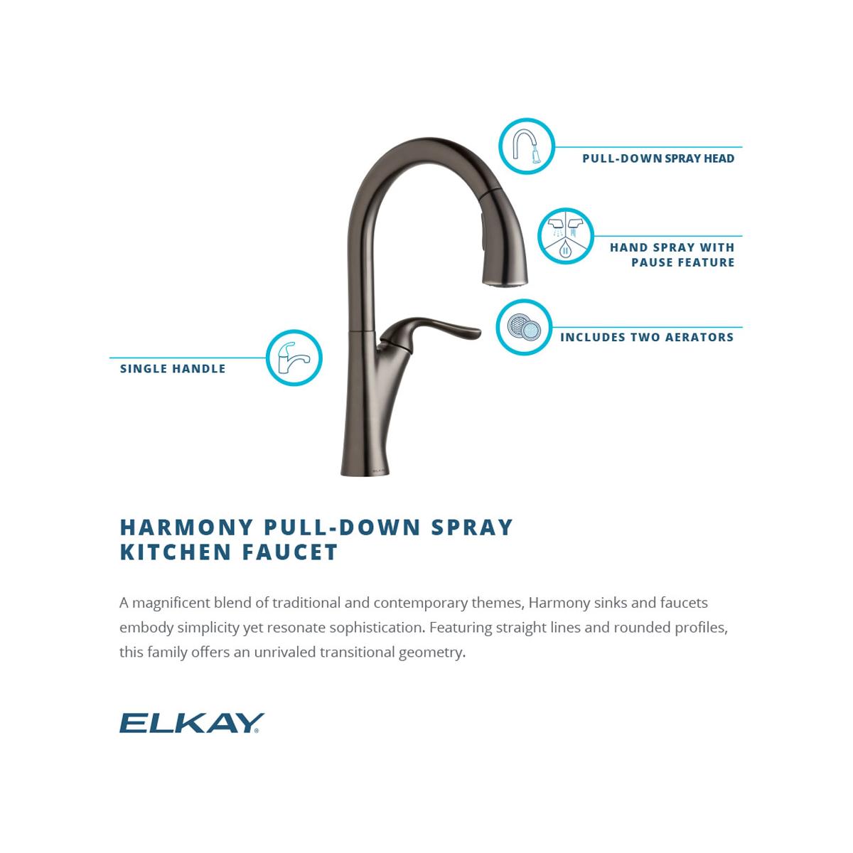 Elkay LKHA4031AS Harmony Single Hole Kitchen Faucet with Pull-down Spray and Forward Only Lever Handle Antique Steel - The Sink Boutique