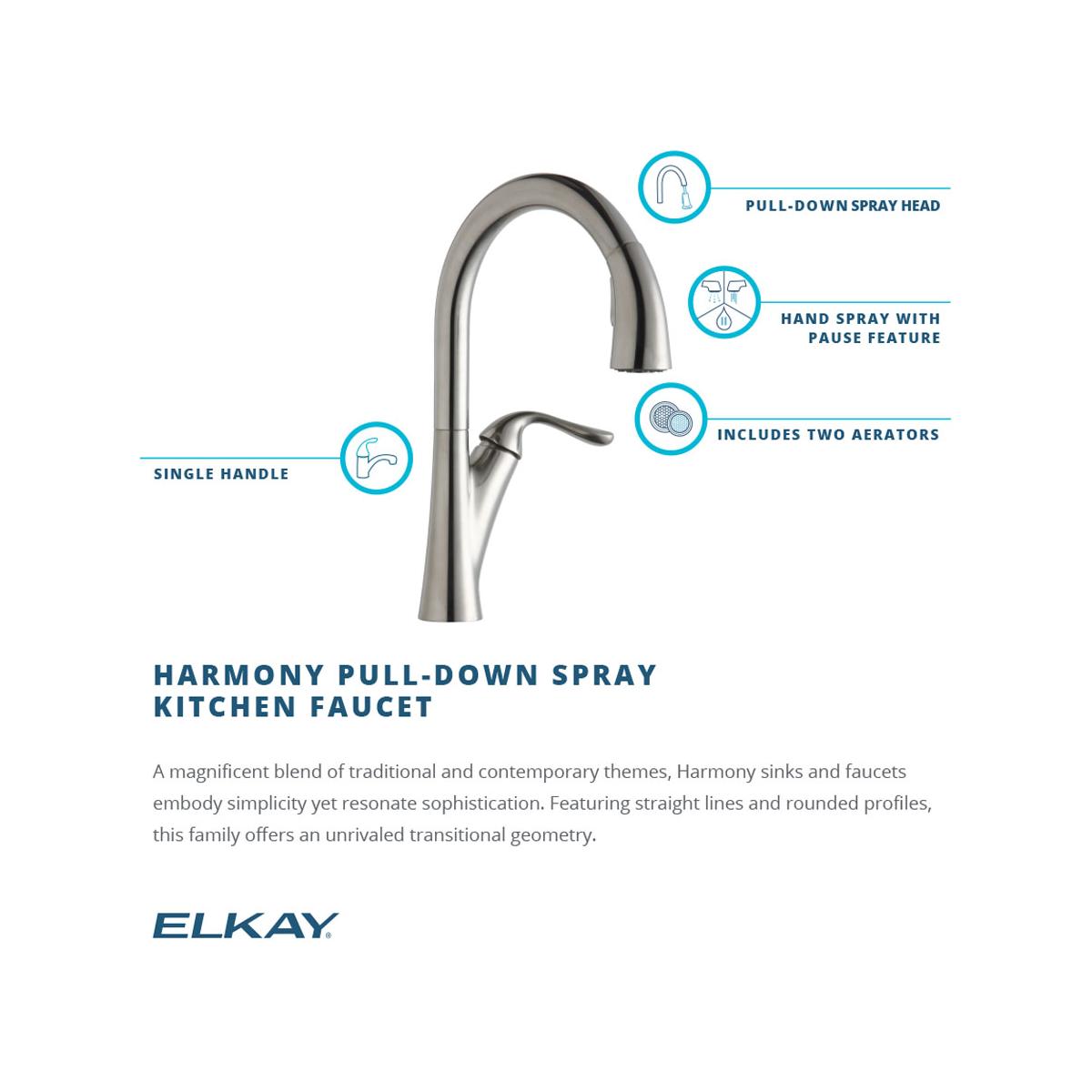 Alternate Image for Elkay LKHA4031LS Harmony Single Hole Kitchen Faucet with Pull-down Spray and Forward Only Lever Handle Lustrous Steel