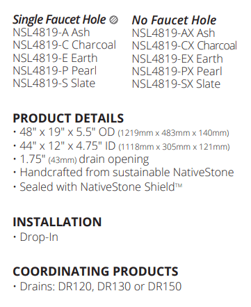 Alternate Image for Native Trails Trough 48" Rectangle NativeStone Concrete Bathroom Sink, 2 Faucet Holes, Slate, NSL4819-S