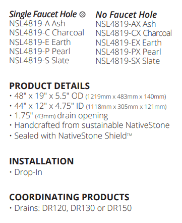 Alternate Image for Native Trails Trough 48" Rectangle NativeStone Concrete Bathroom Sink, No Faucet Hole, Slate, NSL4819-SX