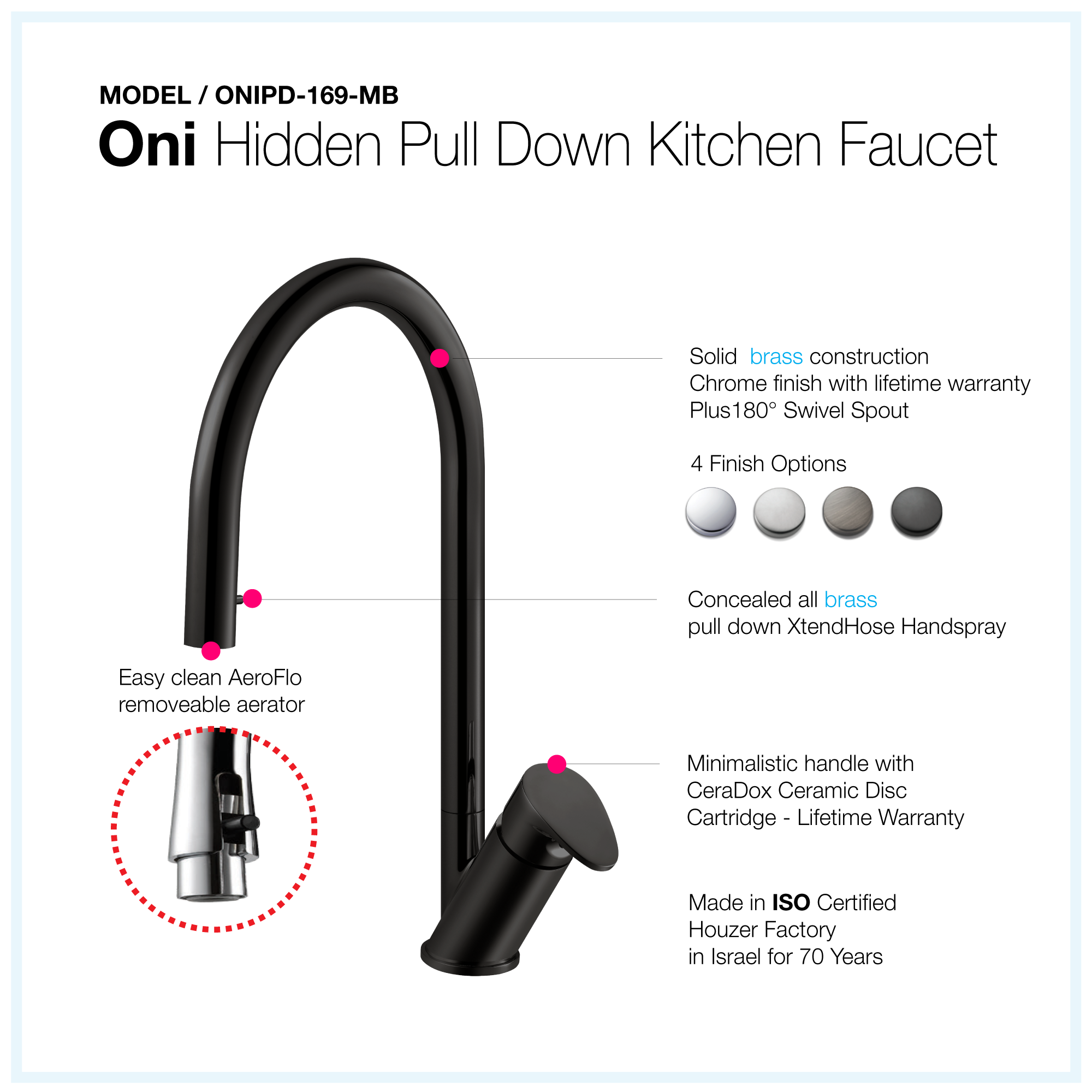 Alternate Image for Houzer Oni 1.75 GPM Lever Brass Kitchen Faucet, Pull Down, Matte Black, ONIPD-169-MB