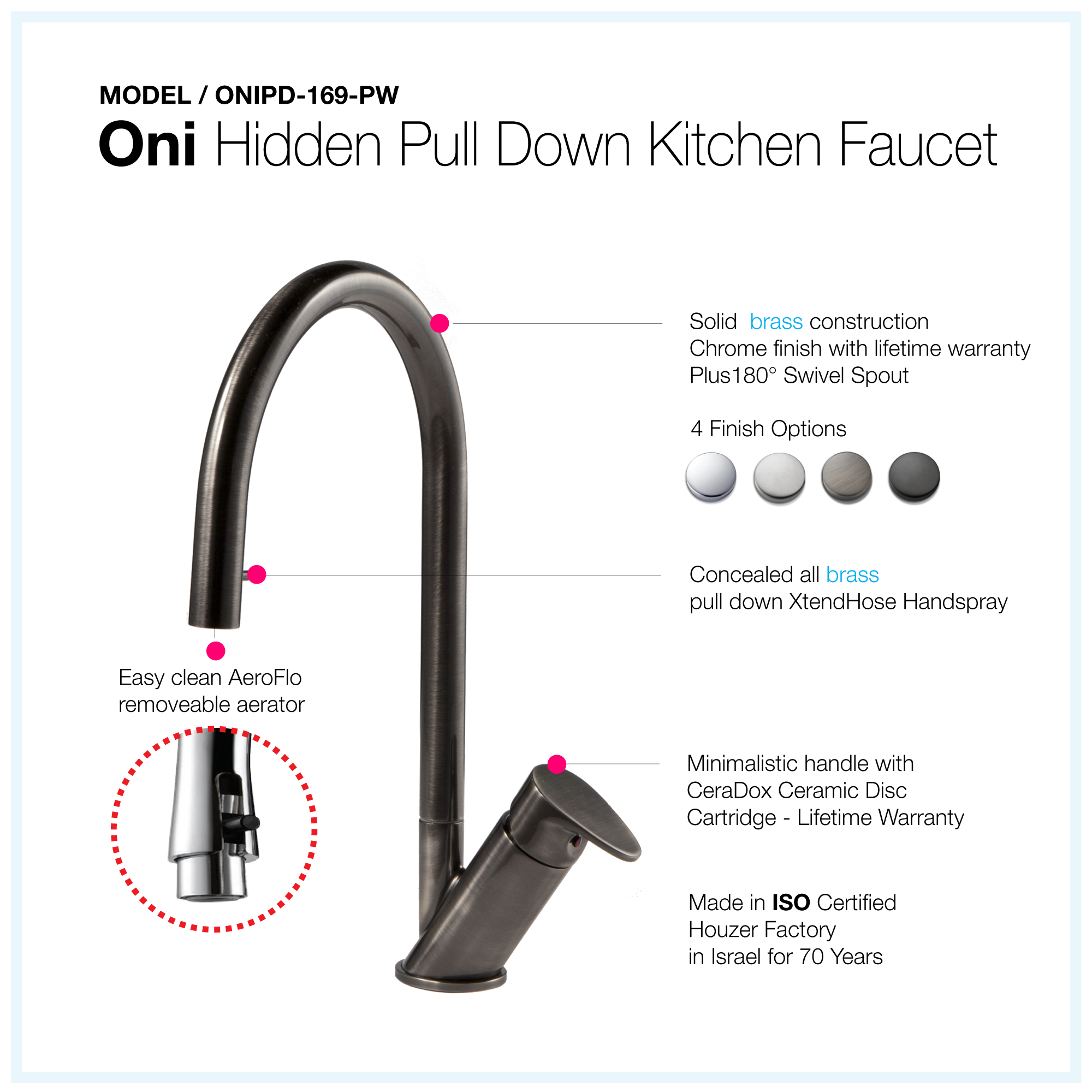 Alternate Image for Houzer Oni 1.75 GPM Lever Brass Kitchen Faucet, Pull Down, Pewter, ONIPD-169-PW