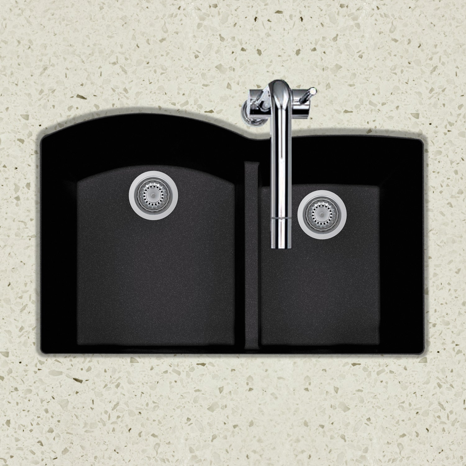 Houzer Quartztone 33" Undermount Granite Kitchen Sink, 60/40 Double Bowl, Midnite, P-175U Midnite