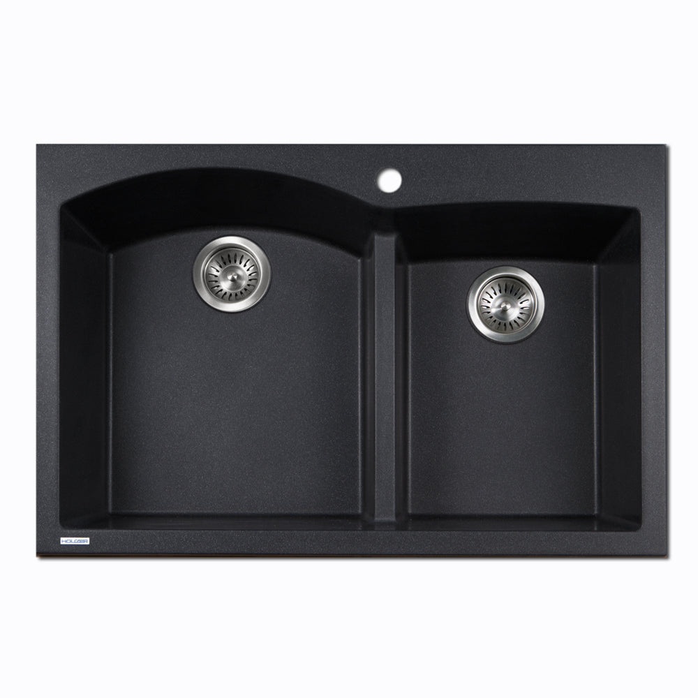 Houzer Quartztone 33" Drop In/Topmount Granite Kitchen Sink, 60/40 Double Bowl, Midnite, P-175 Midnite